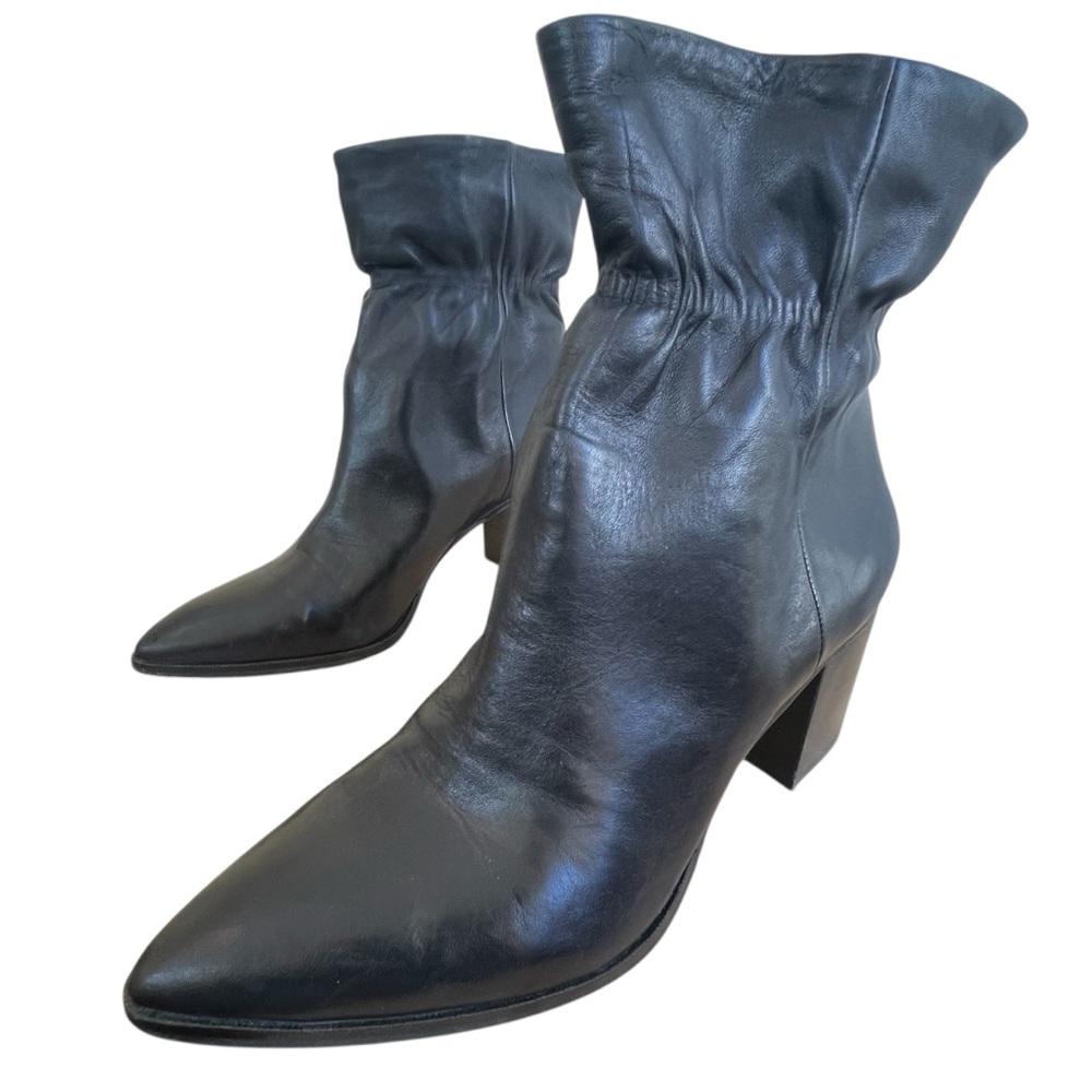 Black Leather Slouchy Ankle Boots Pointed Toe Stacked Heel
